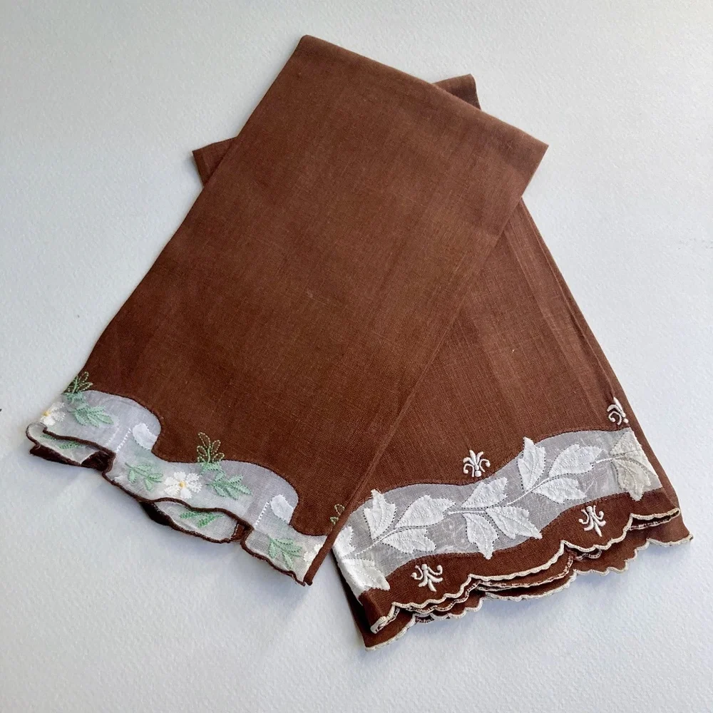 Set of 2 Scalloped Cocoa & White Floral Embroidered Linen Tea Towels